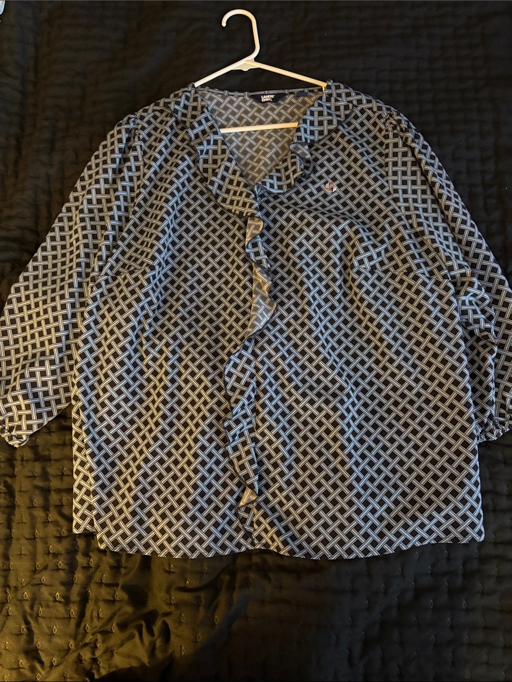 Lands' End Black and White Geometric Ruffle-Front Blouse